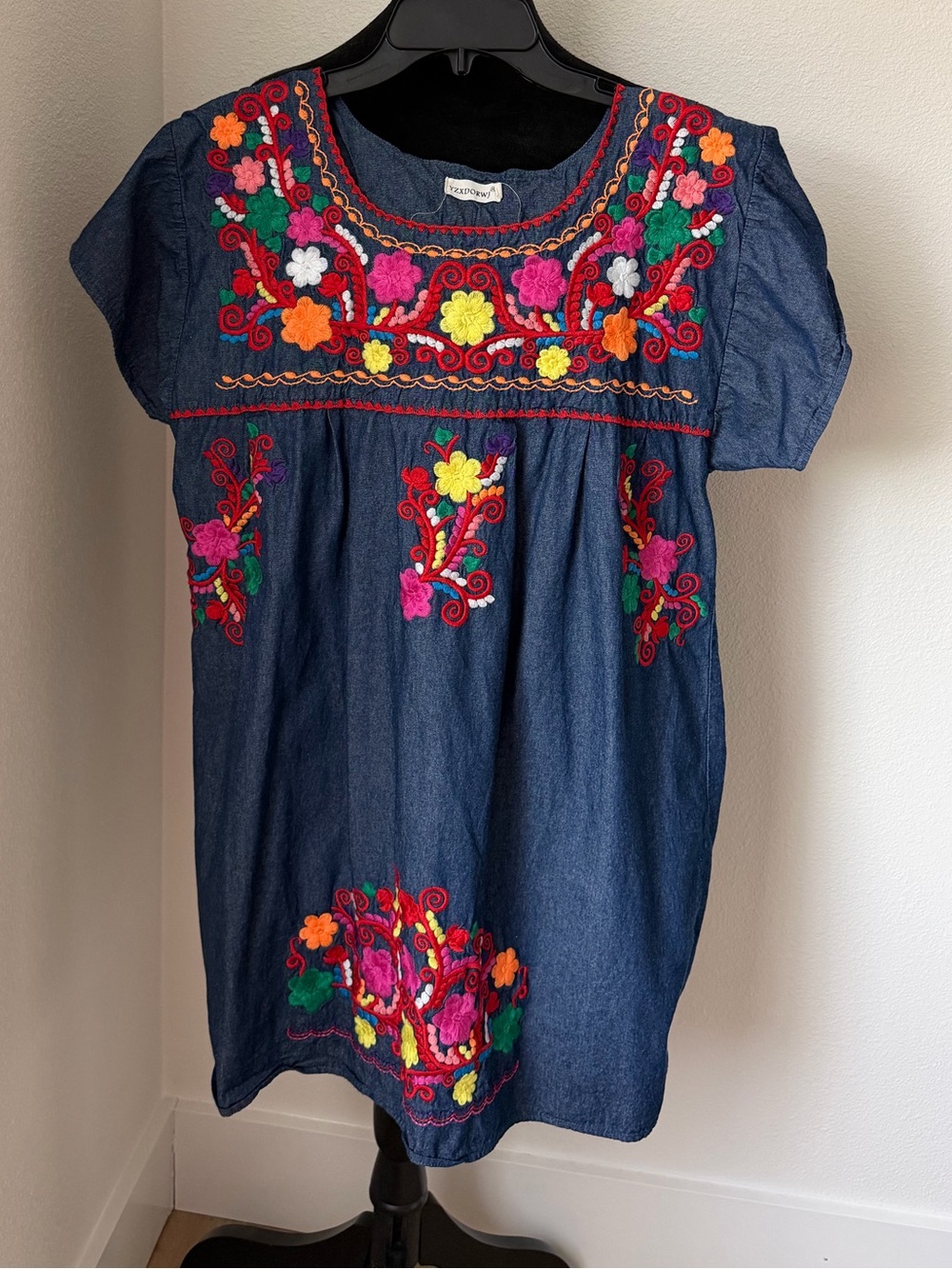 Yzxdorwj Embroidered Denim Mexican  floral dress size L